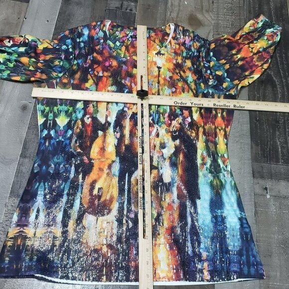 𝅺TESA Moda Glowing Music Painting Blouse Sequins Art To Wear Water Color M - Picture 7 of 12